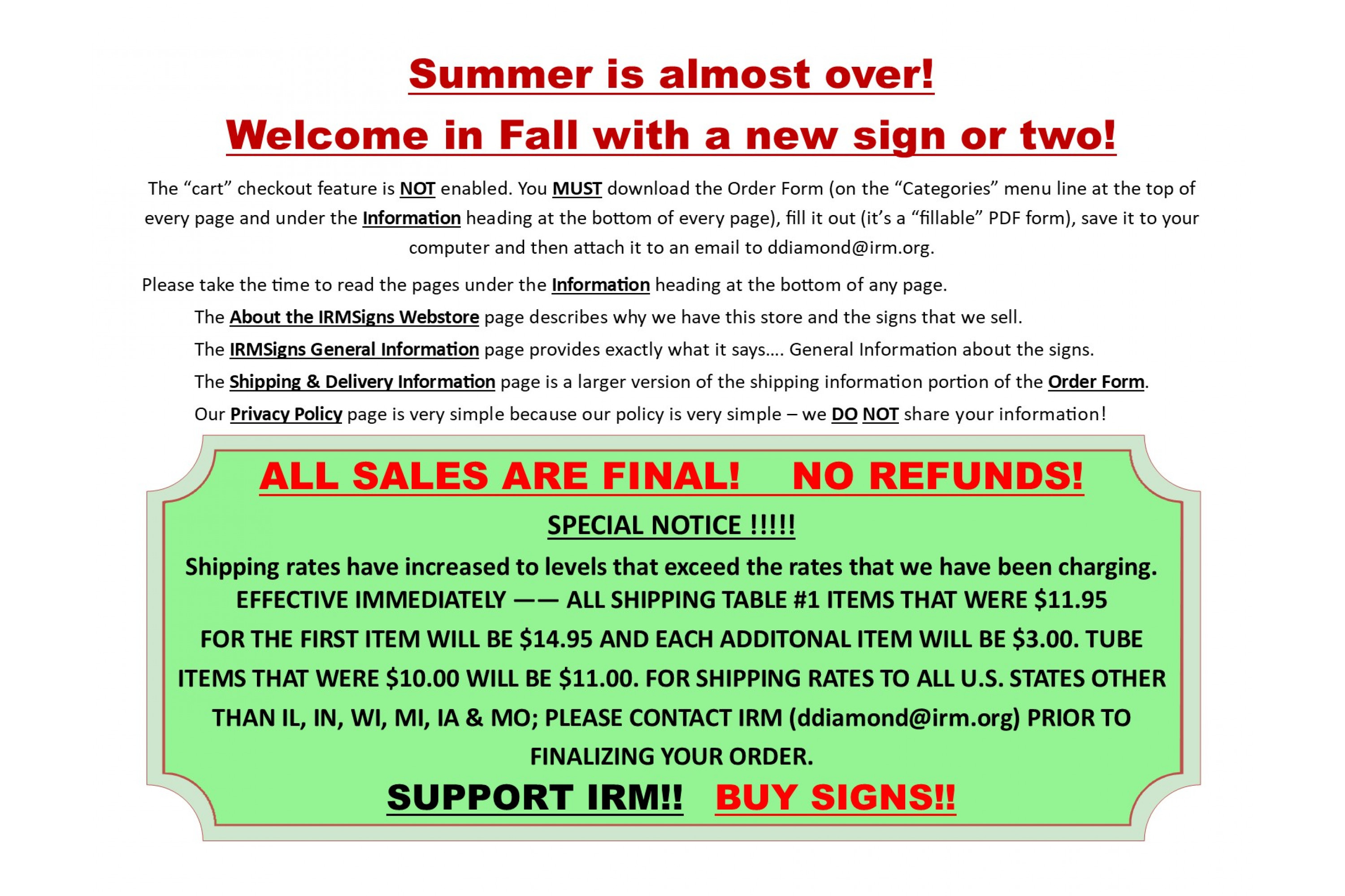 20220817 NO Refunds + Summer over - Shipping rate changes